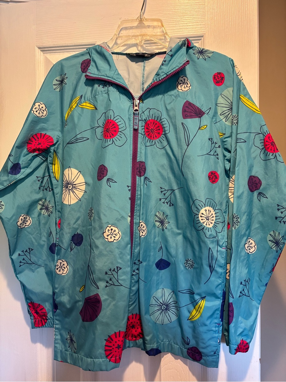 Girl’s Land’s End Blue Floral Hooded Rain Windbreaker Jacket XL 16